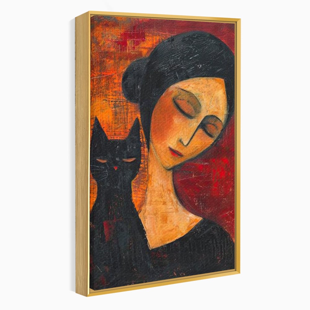 Tablou canvas cu pictura cu femeie si pisica neagra, in rama de aluminiu auriu